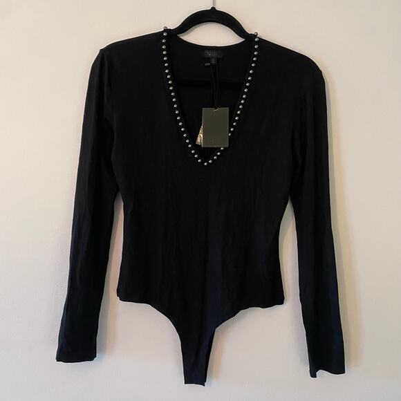 NWT NBD Black Beaded V-neck Bodysuit Long Sleeve Stretchy Glam Women size Medium - Picture 2 of 12
